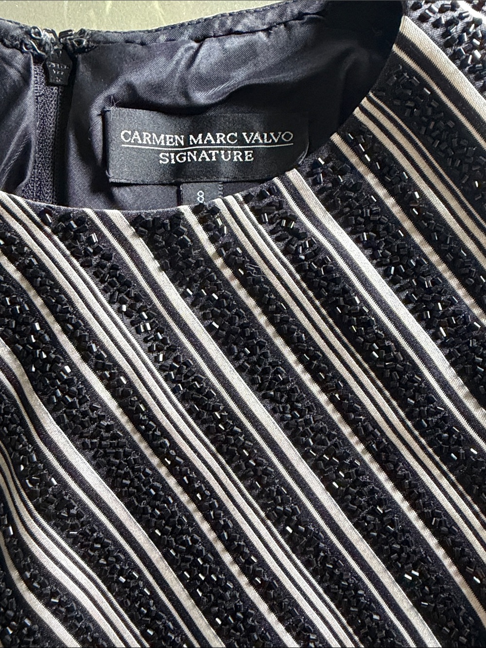 CARMEN MARC VALVO SIGNATURE Striped Beaded Silk Top Blouse Womens Size 8 - Picture 9 of 13